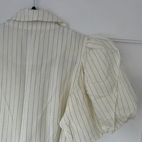 Weworewhat Collared Wrap Dress Ivory Short Puff Sleeve Pin Stripe Ruffle Hem - Picture 9 of 11